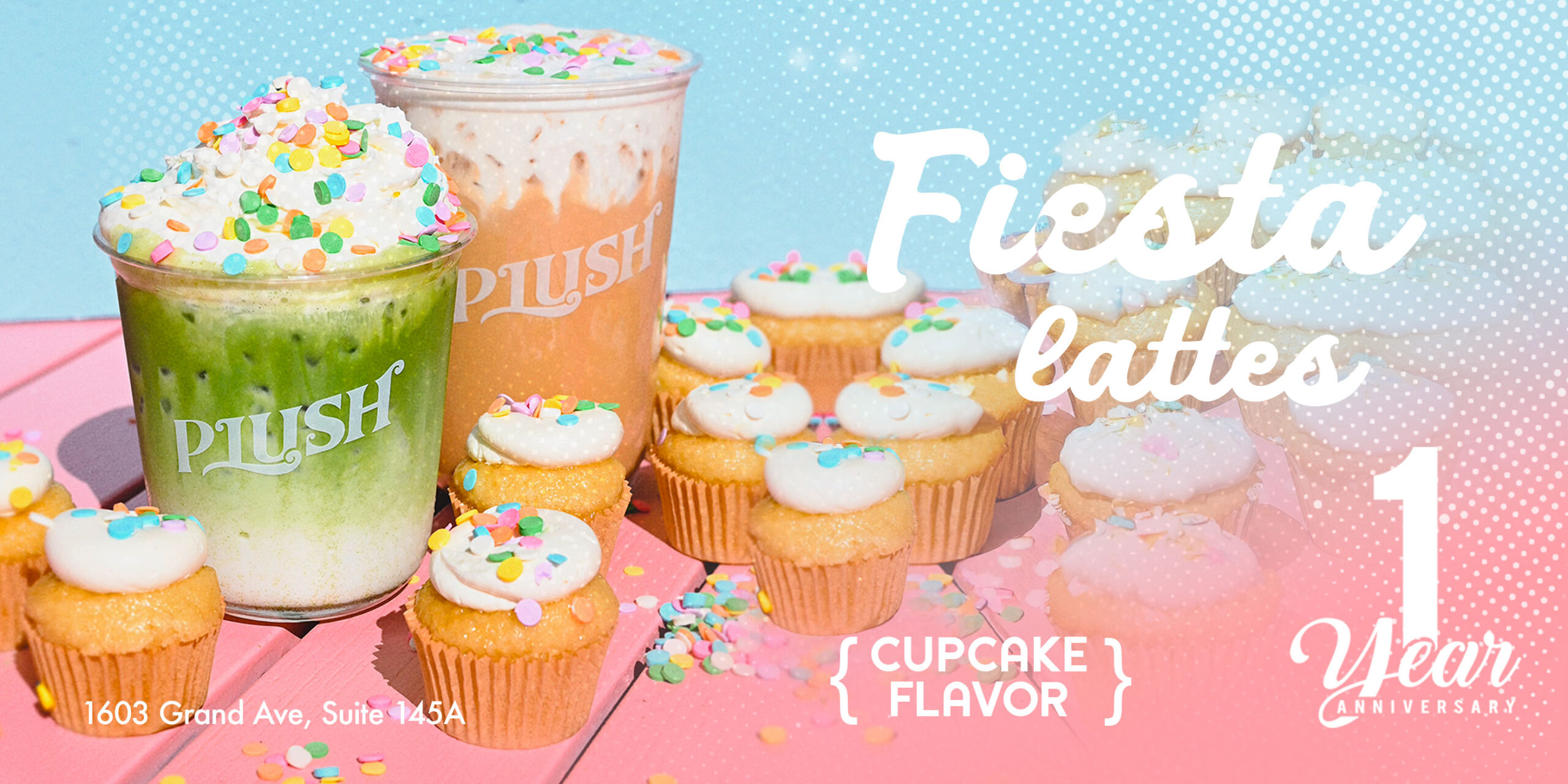 Colorful Plush fiesta lattes topped with whipped cream and sprinkles