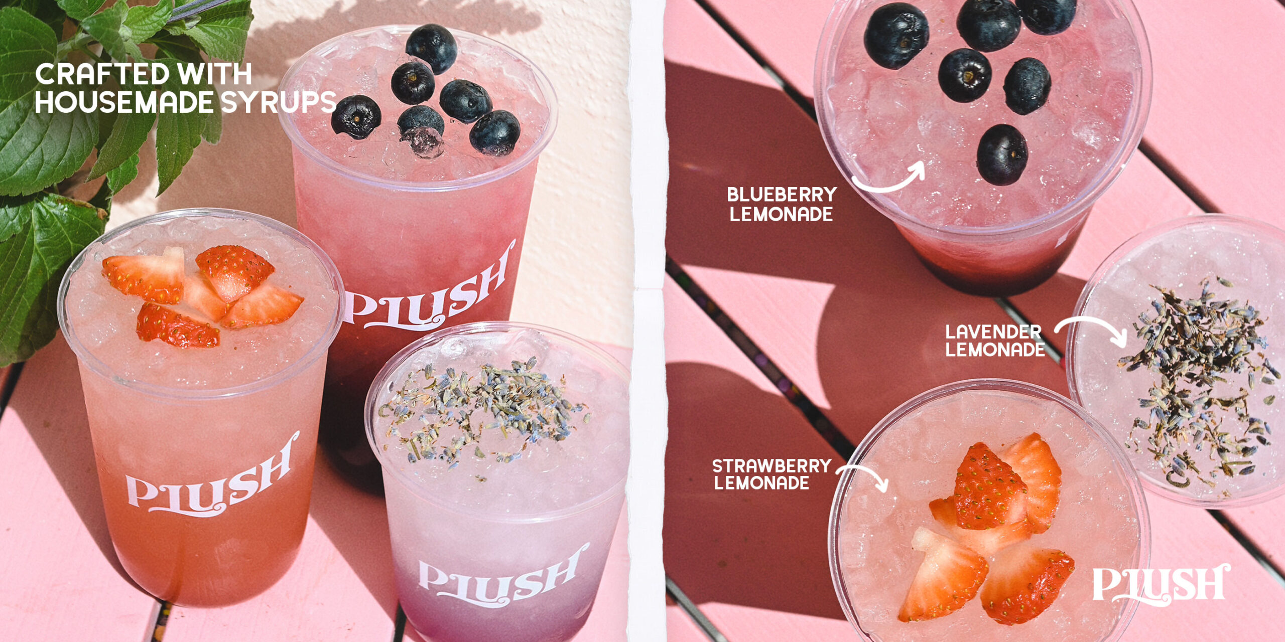Plush house-made lemonades: blueberry, strawberry and lavender over crushed ice